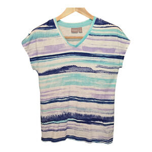 Chicos Top Womens Size Medium Blue Green Purple Stripe 100% Cotton Short Sleeve